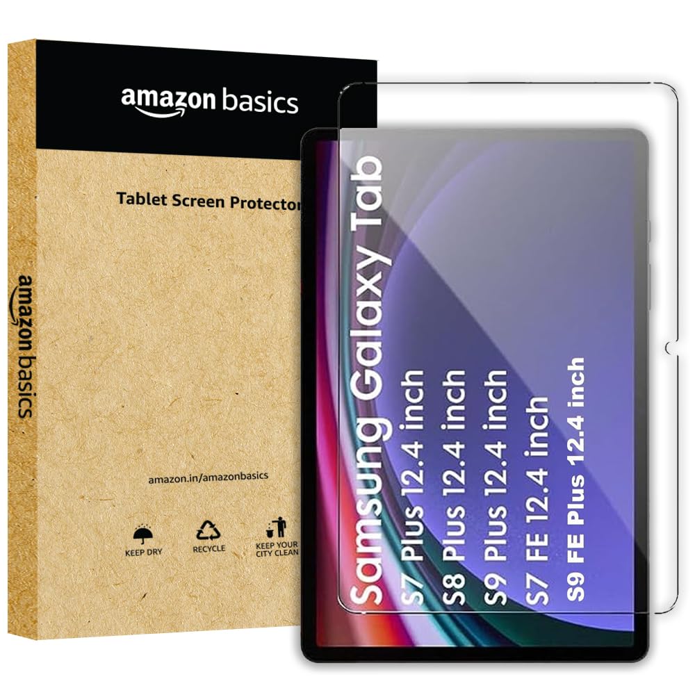 Amazon Basics Tempered Glass Screen Protector for Samsung Galaxy Tab S9 FE Plus / S9 Plus / S8 Plus / S7 Plus / S7 FE 12.4 inch Screen Guard for Samsung S9 FE+ / S9+ / S8+ / S7+/ S7 FE Tablet