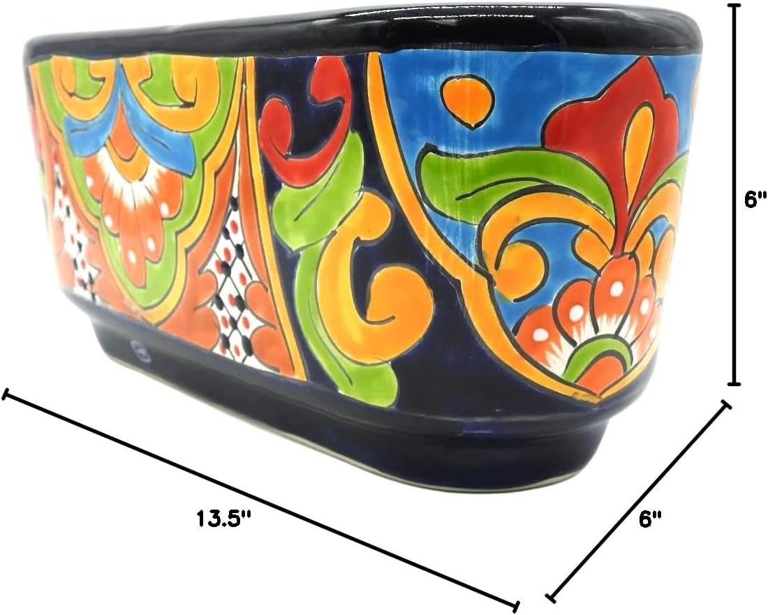 Oval Window Box Planter Small Hand Painted Indoor Outdoor Pot Multi Colored Figure Glazed