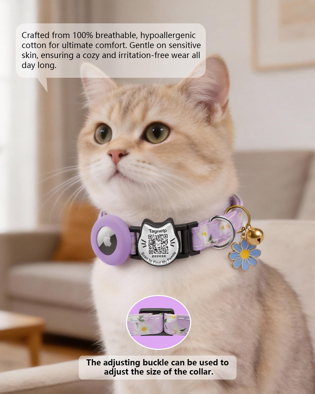 Smart Breakaway Katzenhalsband mit QR-Code, integrierter AirTag-Halter, verstellbares Baumwoll-Katzenhalsband mit Glocke für Kätzchen und erwachsene Katzen, ländlicher Stil mit Airtag-Halter (lila)