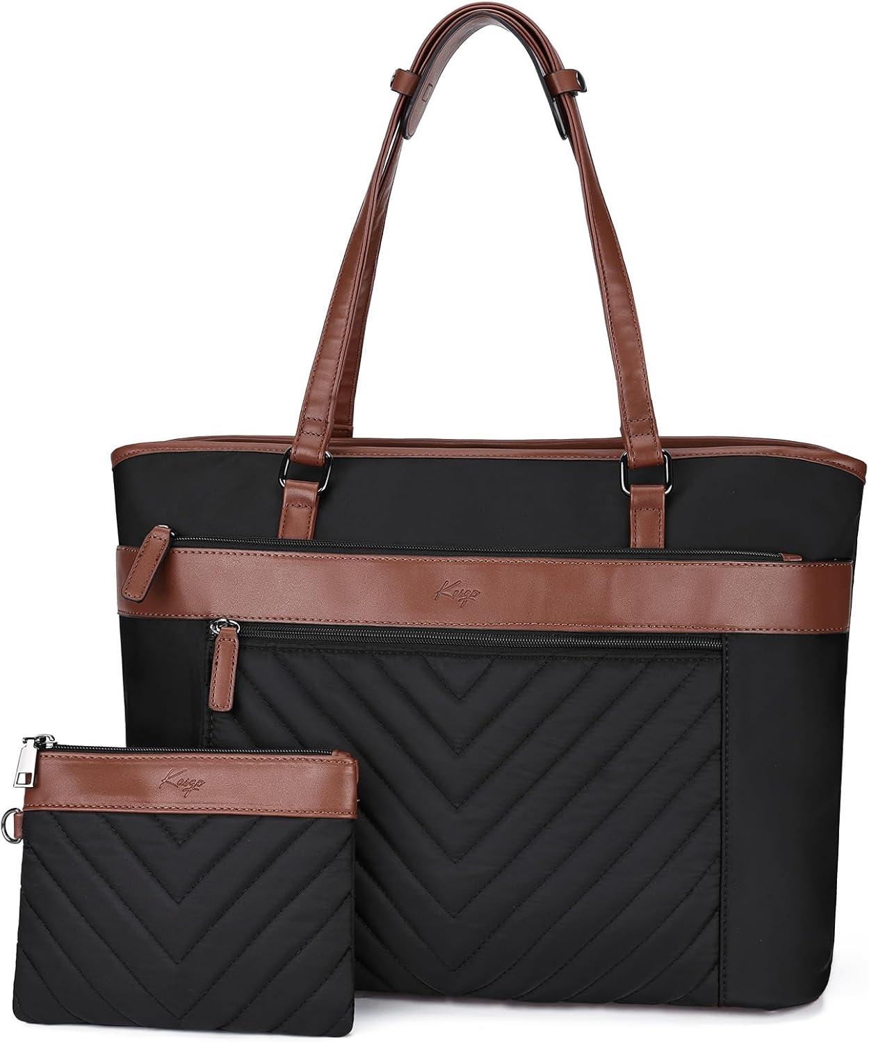 Kasqo Laptop Tote Bag for Women, Large 15.6 Inch Computer Work Shoulderbag Water-Resistant Leather Handbags with Clutch Purse