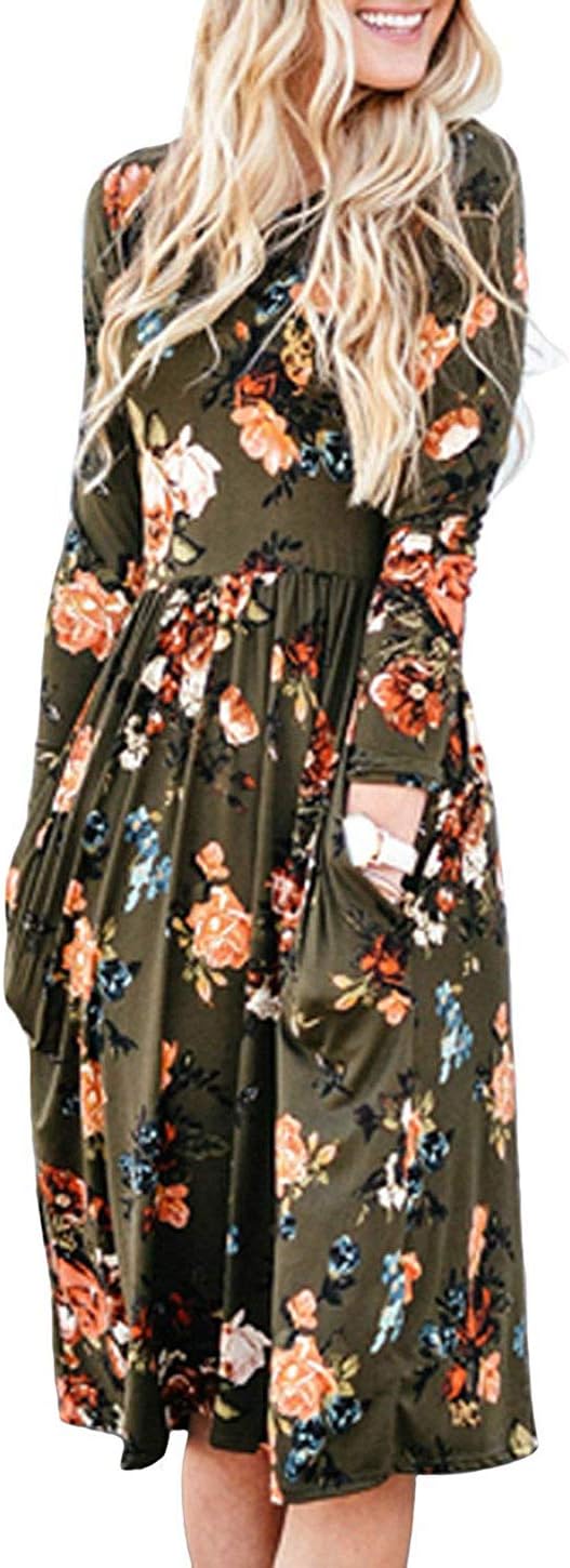 Women's Crew Neck Long Sleeve Floral Print Pleated Midi Dress with Pockets