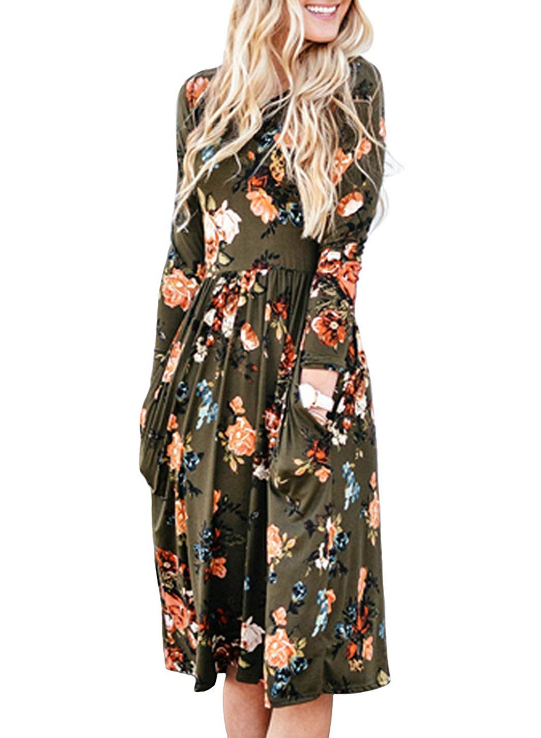 Women's Crew Neck Long Sleeve Floral Print Pleated Midi Dress with Pockets