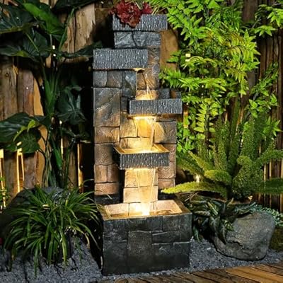 Garden Fountains Outdoor Water Fountain - 44.5 Inches 4 Tired Modern Indoor Floor Standing Outdoor Fountain with Lights Pump for Garden Patio Backyard Porch Home Art Decor