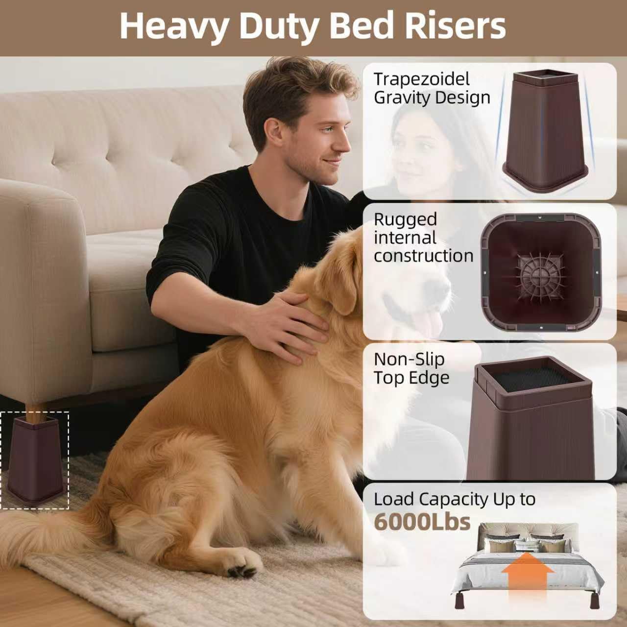 Bed Risers 8 Inch Heavy Duty, Adjustable Furniture Risers, Non Slip Lift Supports for Beds/Couches/Sofas, Bed Lifters for Dorm Twin XL, Durable Square Design (Brown 4 Pack, 8 Inch)