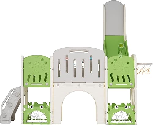 Miniatura 9 de Juego multiactividad 11 en 1 para niños pequeños con tobogán, aro de baloncesto y telescopio, patio de juegos para interiores y exteriores para