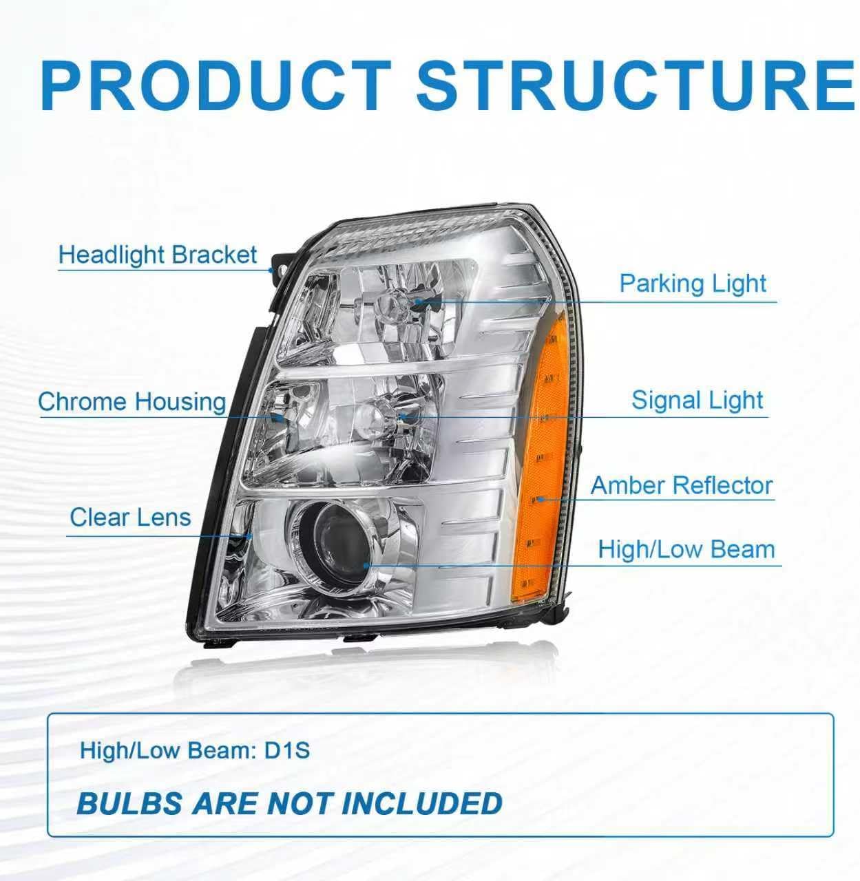 Headlight Assembly Compatible with 2007-2014 Cadillac Escalade/2007-2014 Escalade ESV/2007-2013 Escalade EXT Left and Right Side Replacement Headlamp Chrome Housing Amber Reflector
