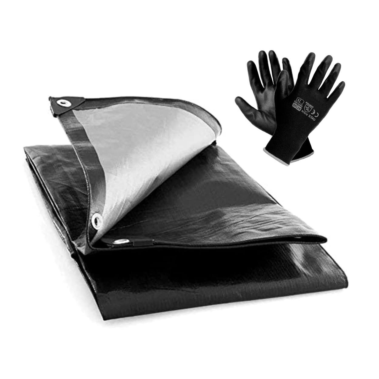8 x 10 m Heavy-Duty Tarpaulin Cover - Black 235GSM - Waterproof, Weatherproof, Frost-Resistant, UV Protection, Multipurpose, Universal Groundsheet and Pair of Work Gloves