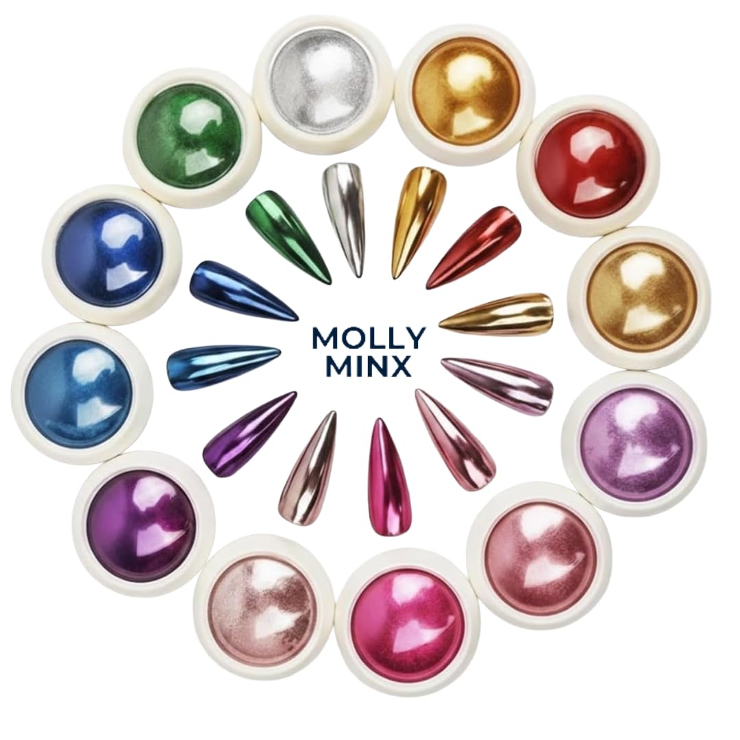 Molly Minx12 Colors Chrome Nail Powder Kit | Metallic Mirror Nail Pigment | Holographic Shiny Powder for Gel UV Nail Art-image-14