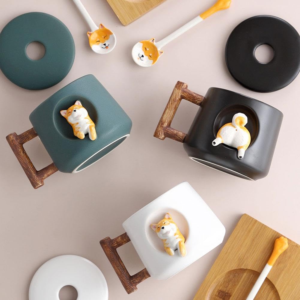 Śliczny kubek Corgi-420 ml 3D nowość ceramiczny kubek do kawy z pokrywką i łyżeczką-idealny prezent dla miłośników psów(Black,Head)