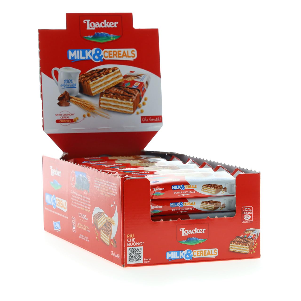 Loacker, Choco And Milk Cereals, Barrette al Cioccolato al Latte con Cialde Wafer, Crema al Latte e Crispies di Cereali, Merenda e Snack, 1 Confezione Convenienza da 30 Barrette Monoporzione