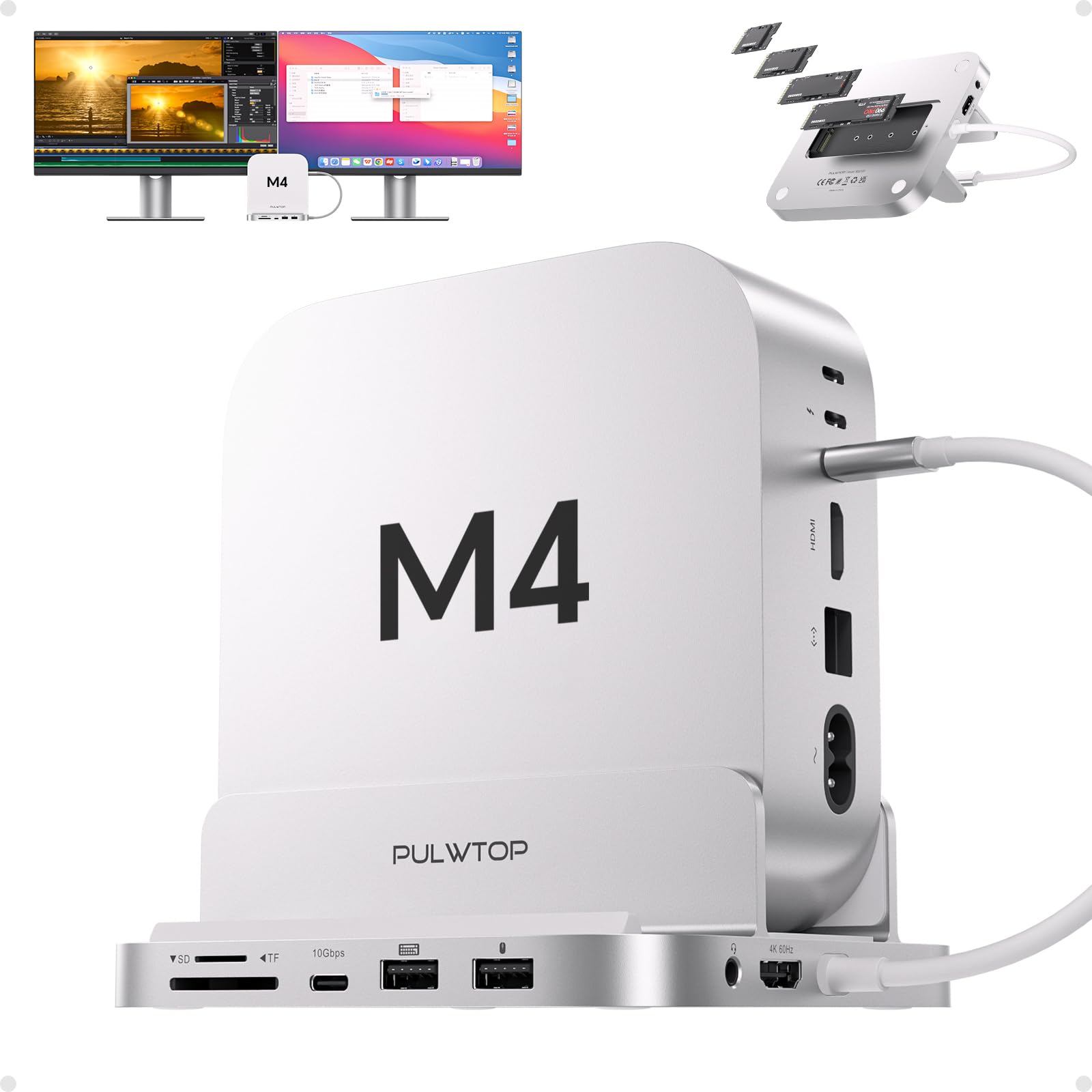 PULWTOP Mac mini M4 Dock with 4TB M.2 SSD Enclosure & HDMI 4K, Aluminum Vertical USB-C Hub for Mac mini M4 Pro Hub Stand, USB-A/C 10Gbps, 2xUSB-A 2.0, 3.5mm Audio, SD/TF (SSD NOT Included)