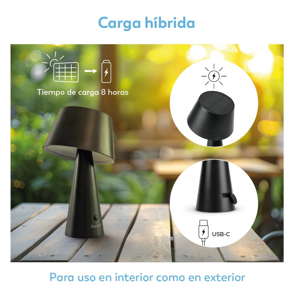 Garza Lampa solarna LED, 500 lm, ciepłe światło 3000 K, podwójne ładowanie (Solar i USB-C), 26 godzin autonomii, 4 tryby oświetlenia, IP44, odporna na działanie na zewnątrz i wewnątrz
