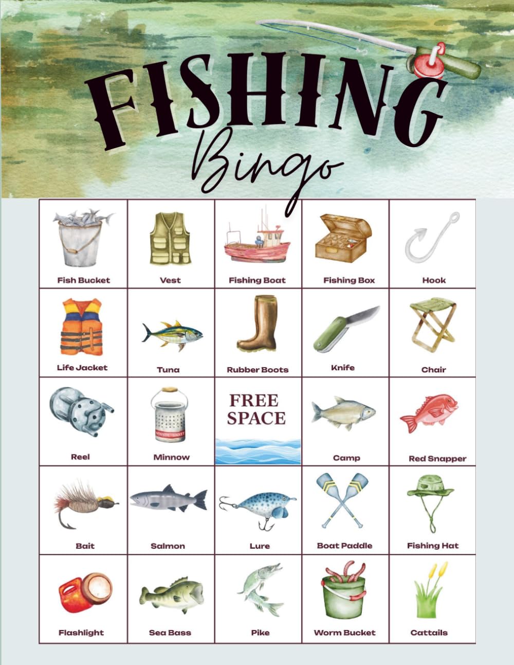 Fishing Bingo: Game for Father's Day, party game ideas, senior citizen game, kids games, retirement activity