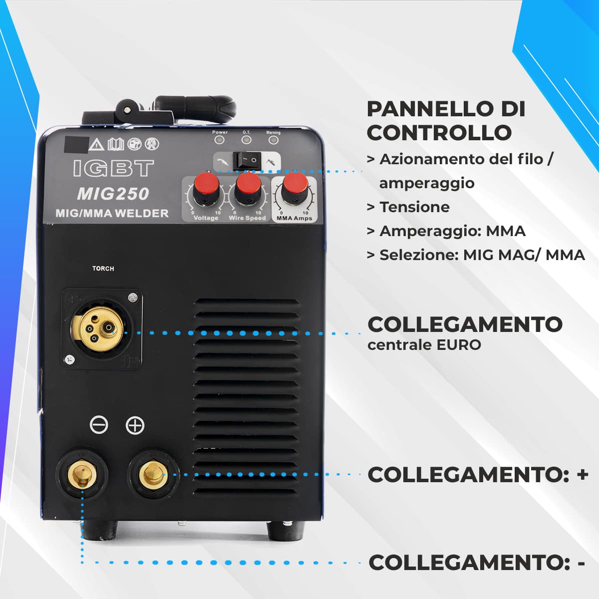 IPOTOOLS MIG-250 Saldatrice MIG MAG - Saldatrice MIG con IGBT 250A 230V, Saldatrice a elettrodo MMA Flux 3 in 1, Saldatrice portatile, 7 anni di garanzia