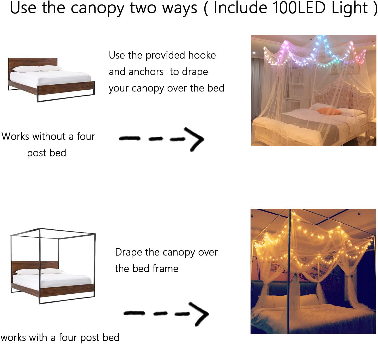 Comtelek Bed Canopy with LED Star Lights, Canopy Bed Curtain with RGB Color Changing String Lights with Smart App Control Remote for Princess Girls Bedroom, Suggested for Twin Full Queen King Bed: Rgb White
