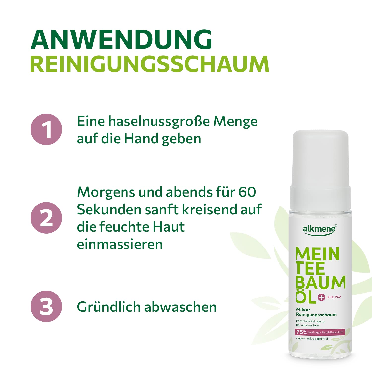 alkmene Mein Tea Tree Olio detergente per viso, 150 ml, riduzione brufoli confermata al 75%, olio di tea tree naturale, vegano e rispettoso del clima, schiuma per la pulizia del viso per pelli impure