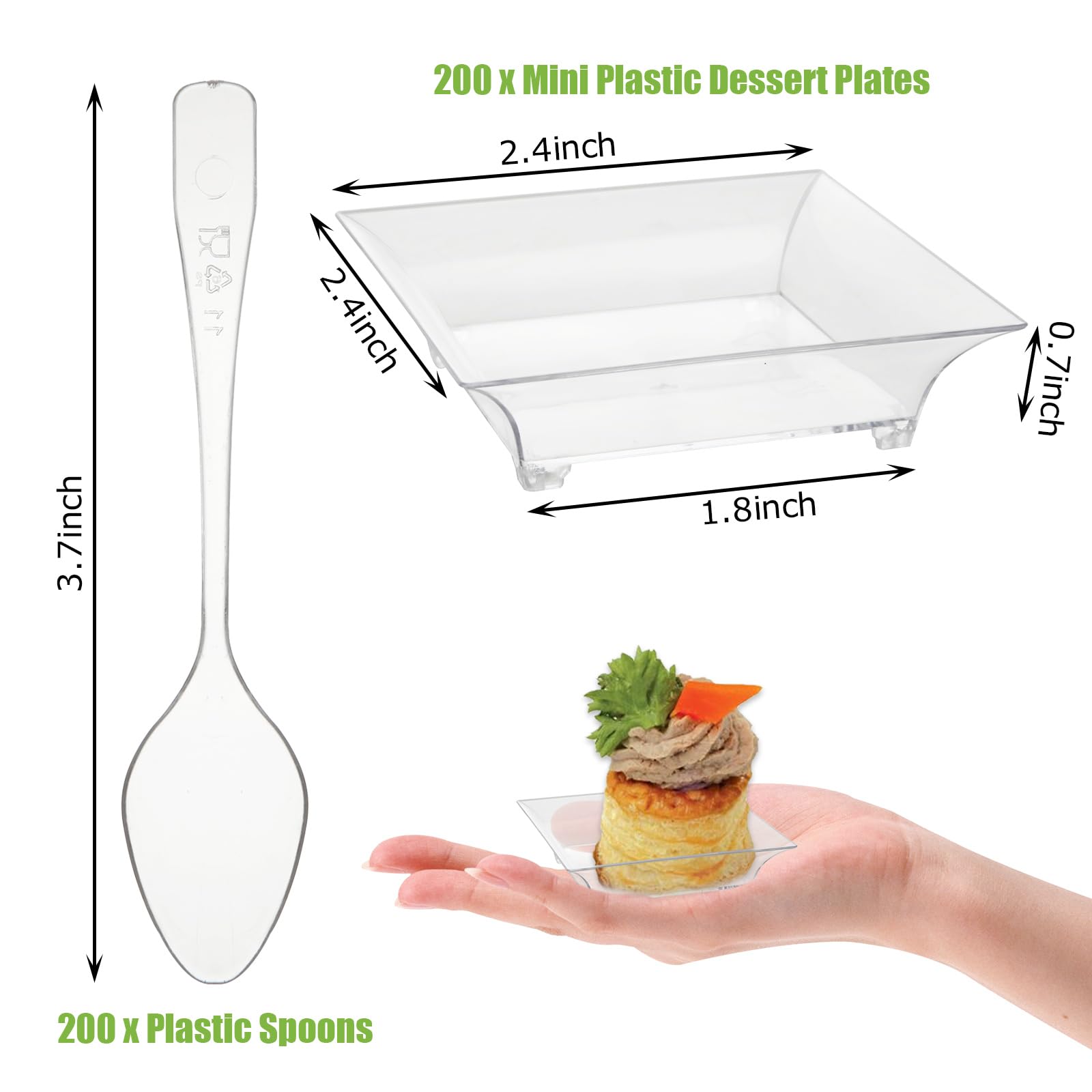 CYEAH 200 Pcs Mini Disposable Appetizer Plates with Spoon, 2.4 in Crystal Clear Plastic Dessert Plates, Square Small Party Serving Bowls for Trifle, Cheesecake, Chocolate Truffles, Ice Cream