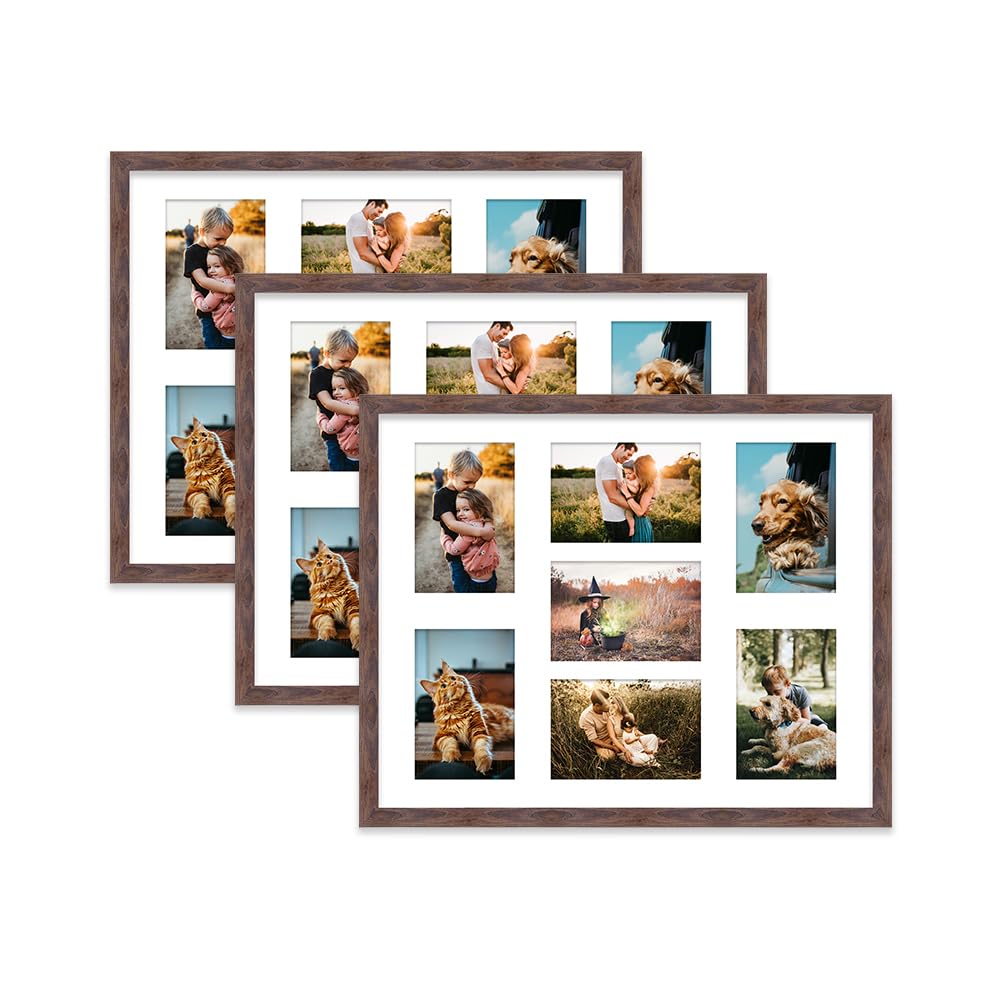 Walnut Multi Photo Frame - Holds 7 x 6x4 Pictures, Family Collage Picture Frame for Wall Display, 20x16 Frame size, Set of 3