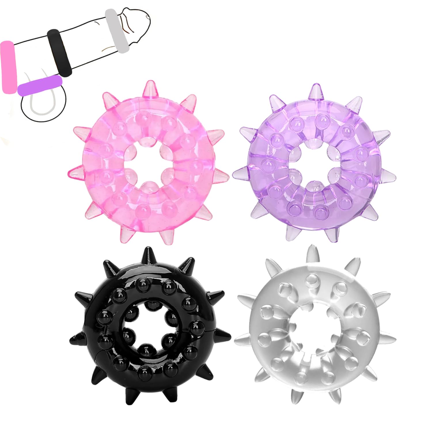 Male Cock Ring Penis Ring Set 4Pcs Cock Rings Ball Stretchers with Spike for Men Erection Delay Ejaculation