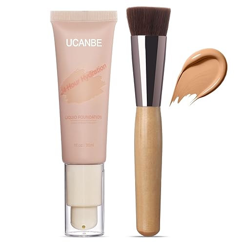 UCANBE Matte Liquid Foundation with Brush, Skincare Serum Foundation Face Makeup with Hyaluronic Acid, Medium to Full Coverage Waterproof Oil
