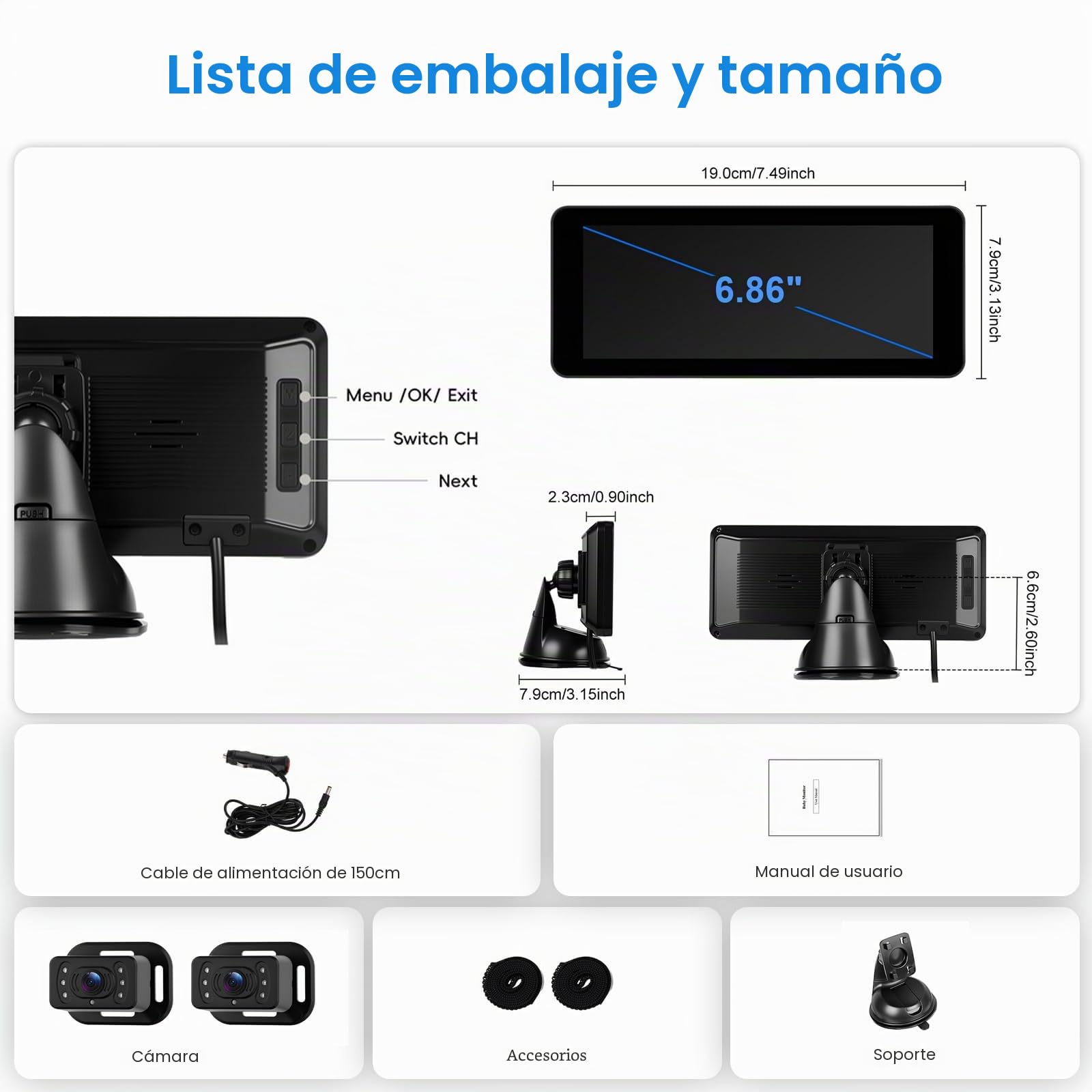 Inefala Cámara para Bebé para Coche Canal Doble para 2 Niños, Pantalla Dividida de 6,9", Pantalla Ultra Ancha HD con Cámaras Duales, Fácil Instalación, Cámaras de Visión Nocturna 360° Giratorias