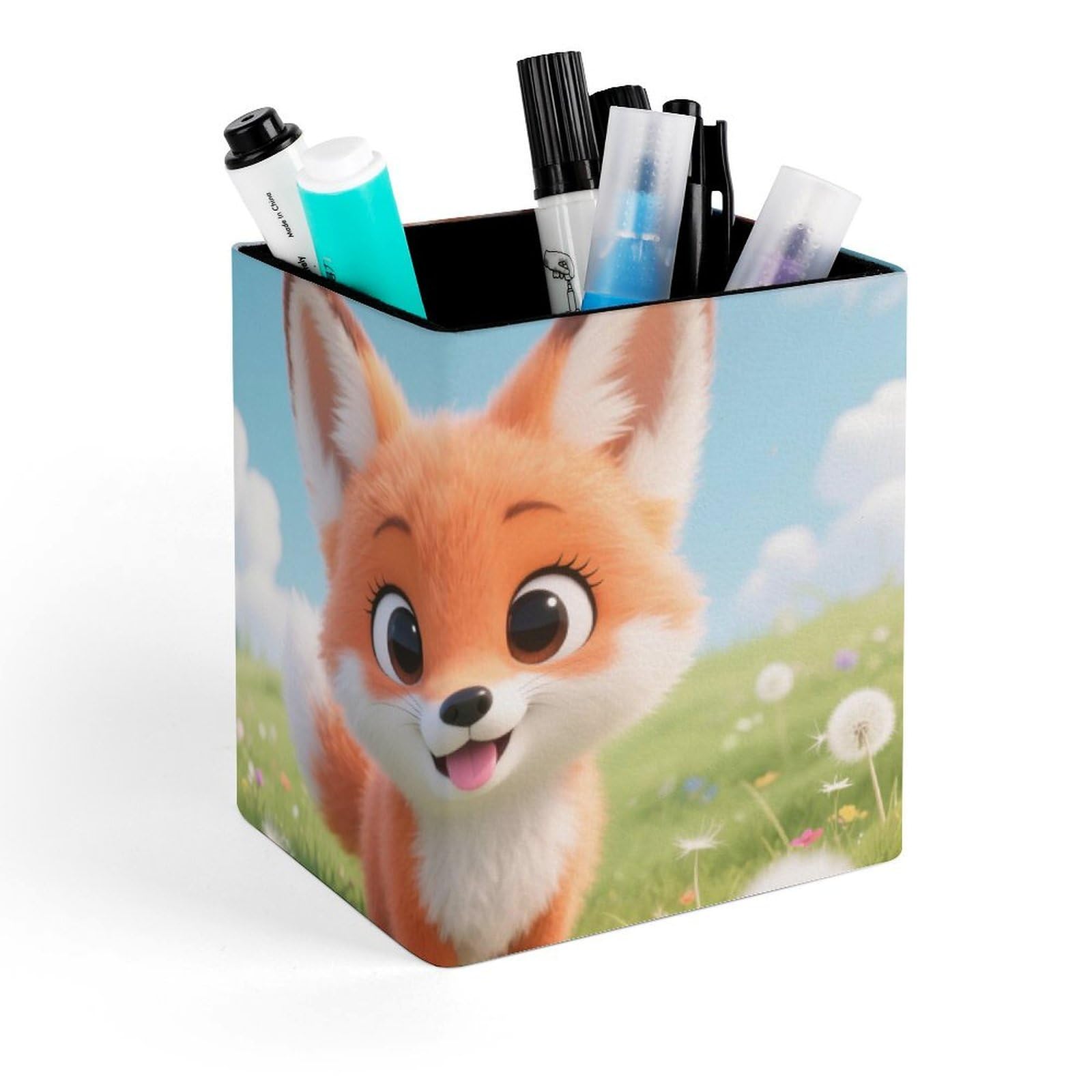 DWVTSLH Aesthetic Pen Holder for Desk - Modern Leather Pencil Holder - Stylish Square Makeup Brush Holder - Cute Fox Pen Cup Cute And Functional Desk Organizer for Office Supplies
