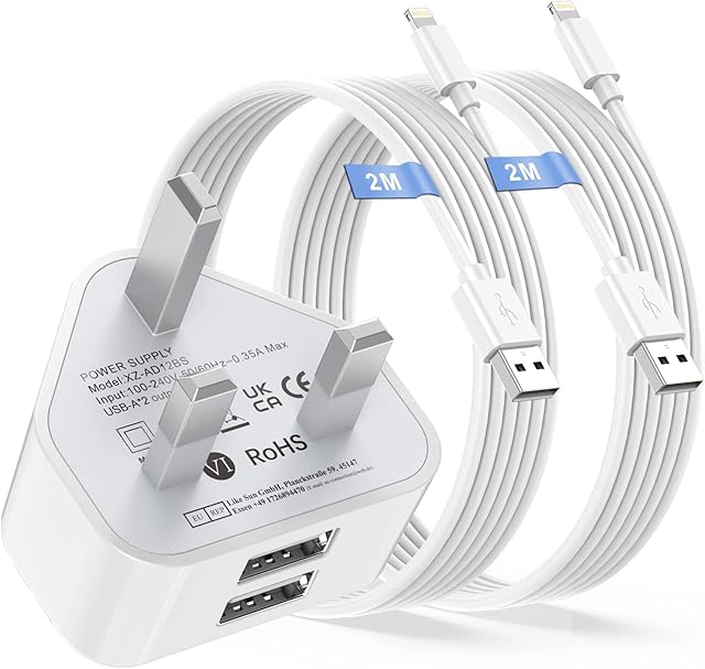 iPhone Charger Plug and Cable 2M 2Pack[Apple MFI Certified], 2.4A Dual USB iPhone Plugs UK and Lightning Cable 2M, iPhone Charger Cable and Plug UK Adapter for iPhone 14/13/12/11/SE/XS/XR/X/8/7/6 Plus