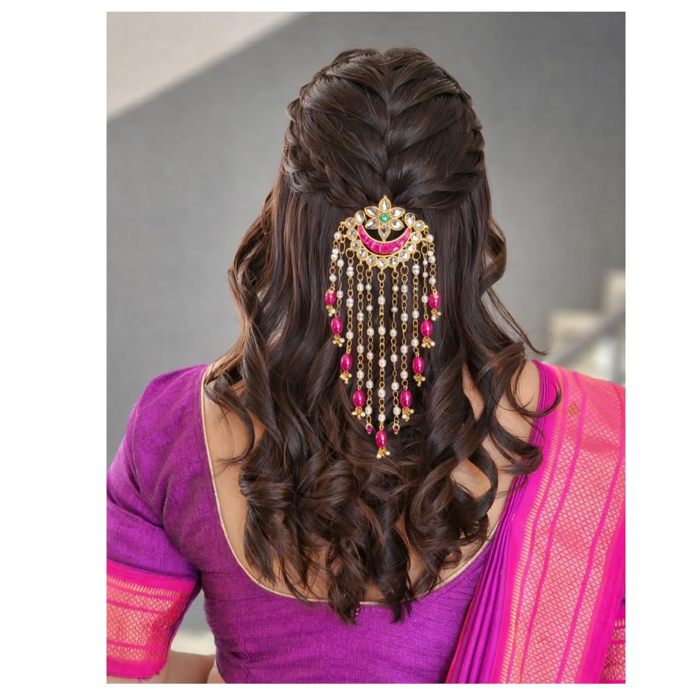 Bridal Kundan Hair Pin with Pearl Hanging Chains | Traditional Indian Juda Pin Hair Accessory for Wedding, Party & Festive Women | Wedding Multicolor Pearl Kundan Hair Clip for Women-picture-28
