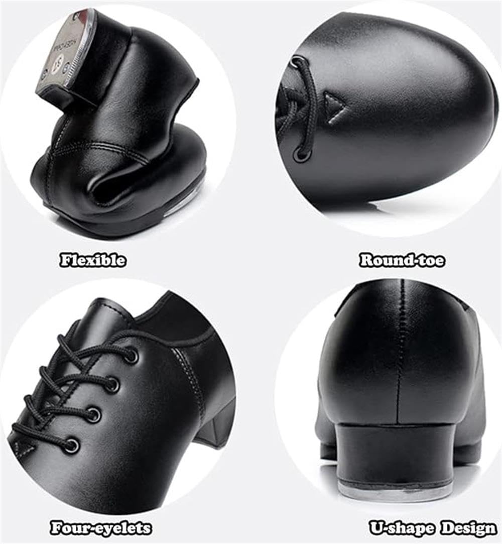 PPXID Unisex Kids Youth Boys Girls Black Tap Dance Shoes Lace-Up Heels Split Sole Jazz Dancing Shoes-5.5 Big Kid