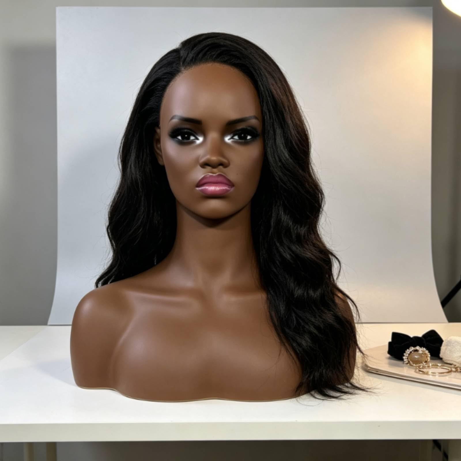 F Fityle Cabeza de Maniquí + Busto + Soporte + Expositor Figura Femenina Realista con Ojos y Pestañas Pintados Malla Negra en para Fijación Construcción