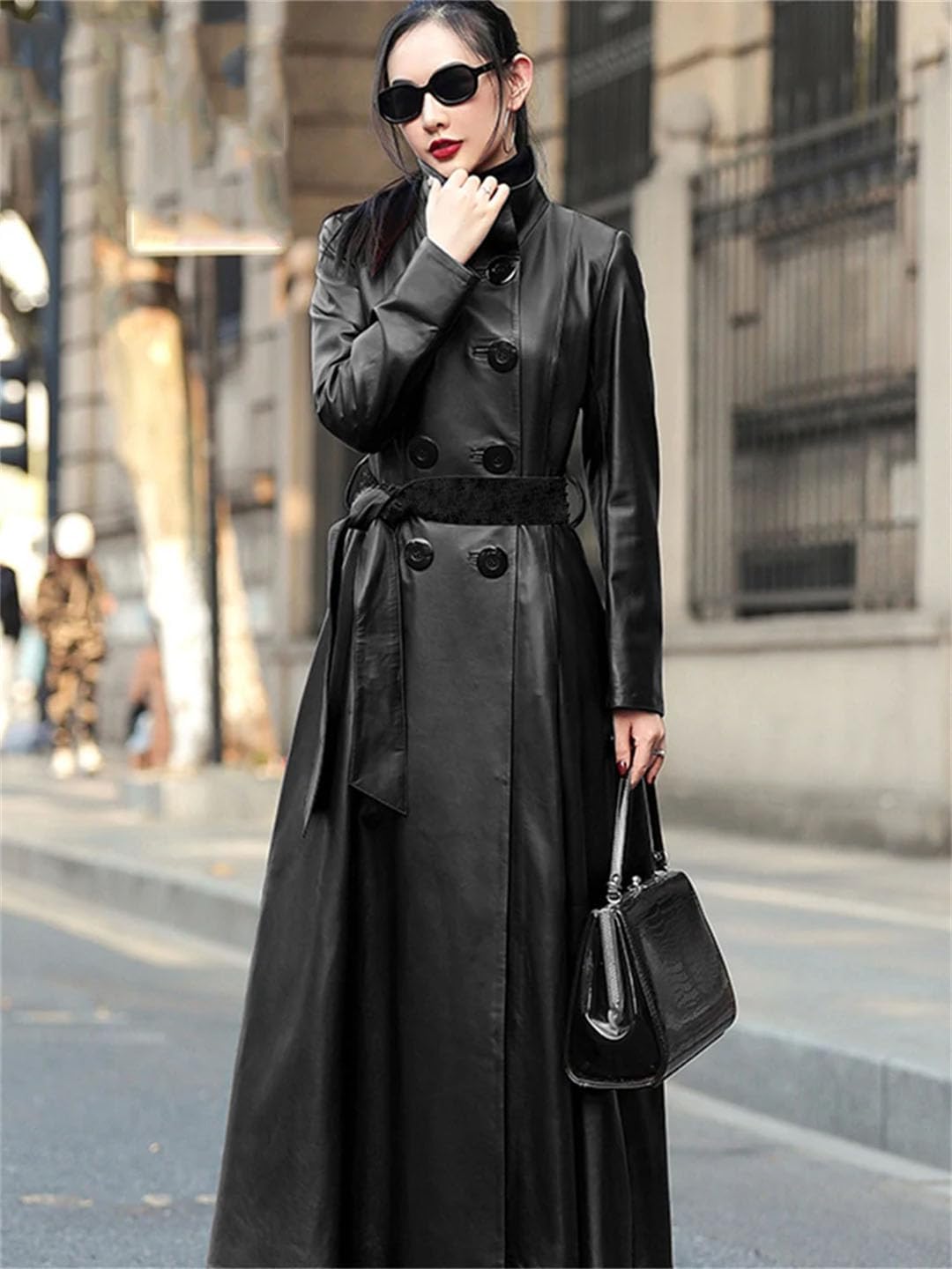 Women Classic Leather Trench Coat For Long Sleeve Belt Double Breasted Elegant Windbreaker