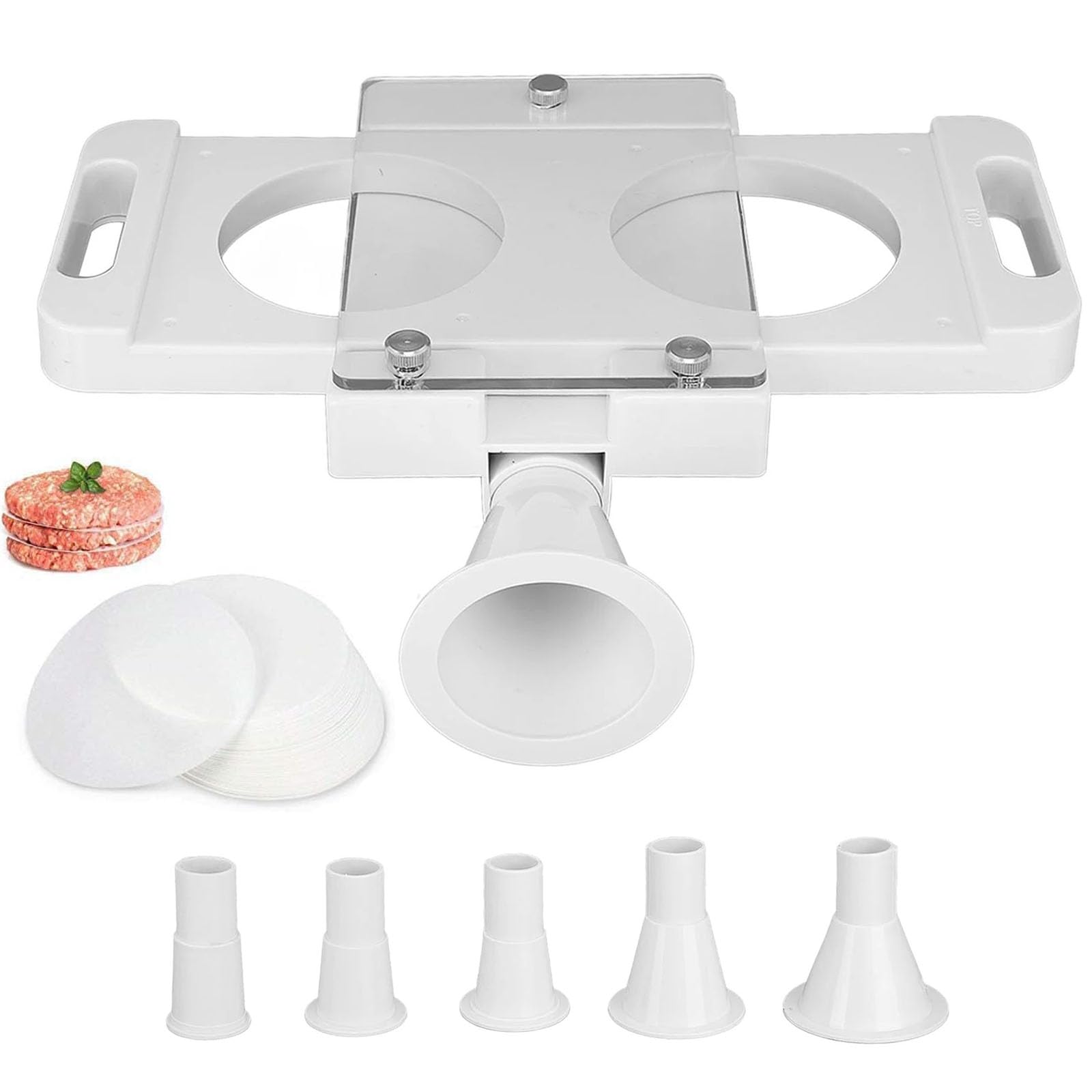 Presse Steak Haché, Fabricant de Moules de Pressage de Hamburger Pressing Maker avec 50 Papiers Antiadhésifs et 5 Tubes adaptateurs Burger Machine Meat Patty Forming pour Saucisse Remplisseur Viande