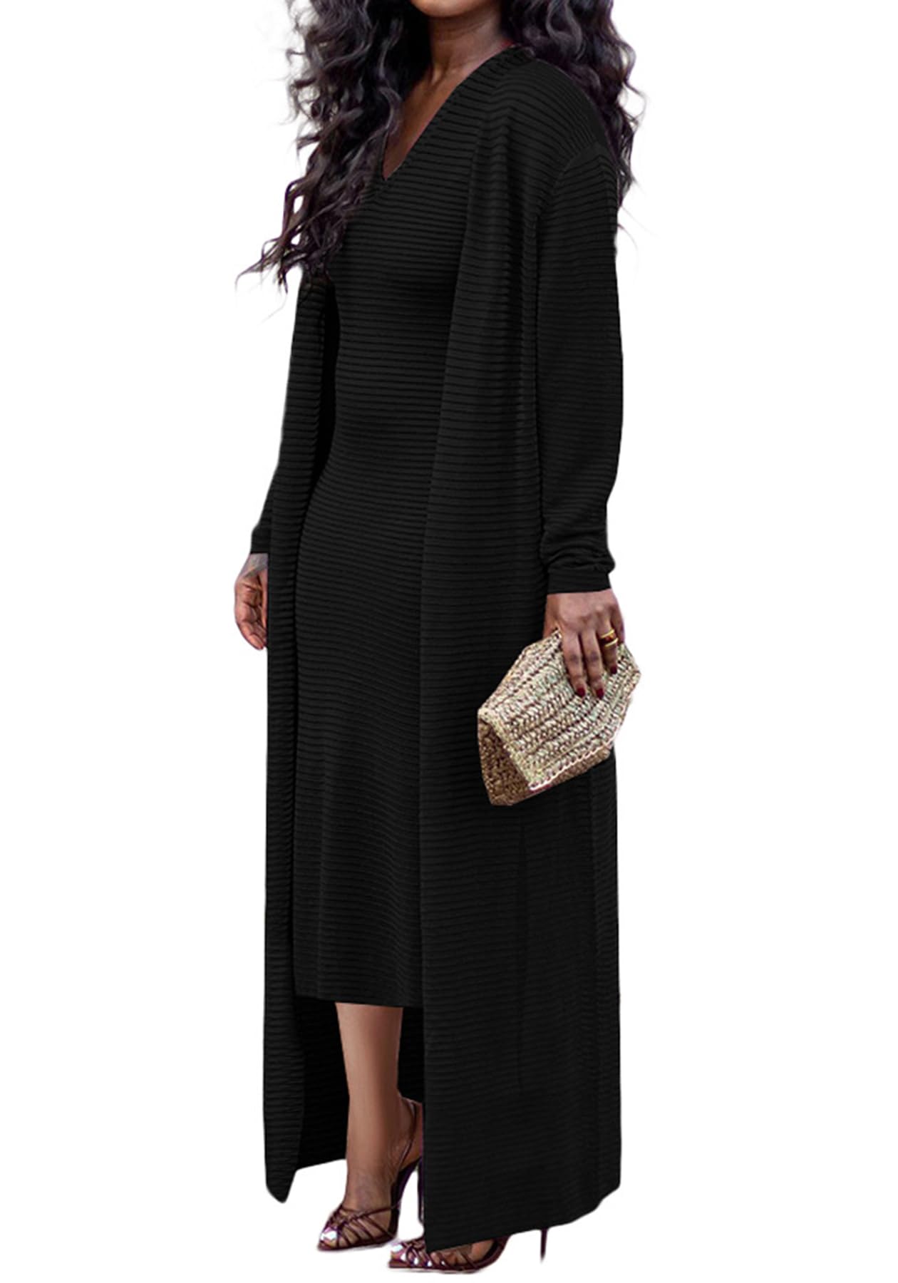 Women Ribbed Knit Sweater 2 Piece Outfit Open Front Long Sleeve Cardigan and Elastic Bodycon Long Dress