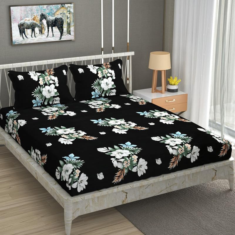 NEW LEAF Pure Cotton Flat Double Bedsheets with 2 Pillow Covers | Double Bed Breathable | Wrinklefree | Ultrasoft |Summer Bedsheet 200 to 220 tc Floral | 90×90 Inches,Black