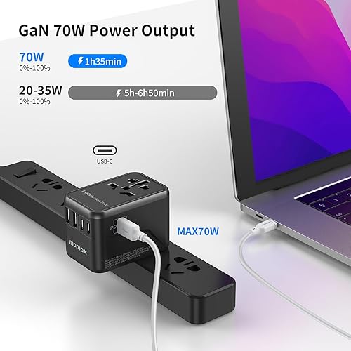 Miniatura 8 de MOMAX Adaptador de viaje universal adaptador de enchufe de viaje GaN de 65 W con enchufes UKEUAUUS cargador adaptador internacional 3USB-C PD y