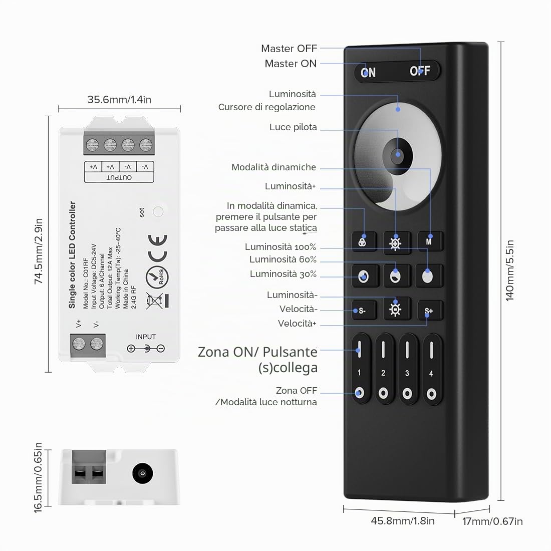 SEZO Kit controller LED 2.4G RF monocolore C01RF controller e RC01RFB 4 zone telecomando wireless controllo gruppo luminosità regolabile per FCOB 3528 striscia LED monocolore