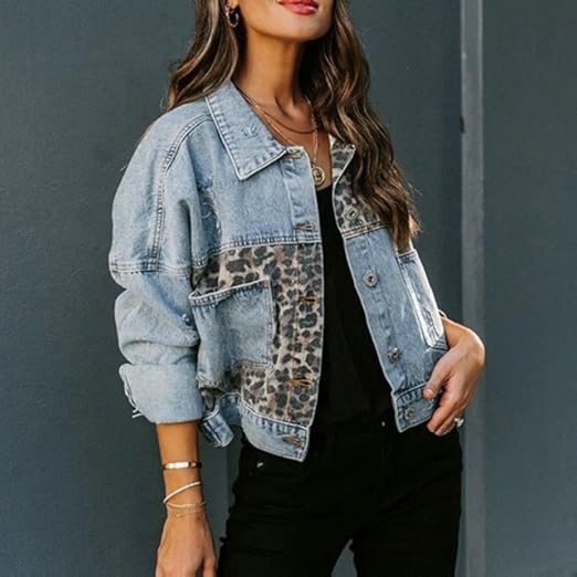 cffvdiz Denim Jean Jacket for Women Leopard Stitching Long