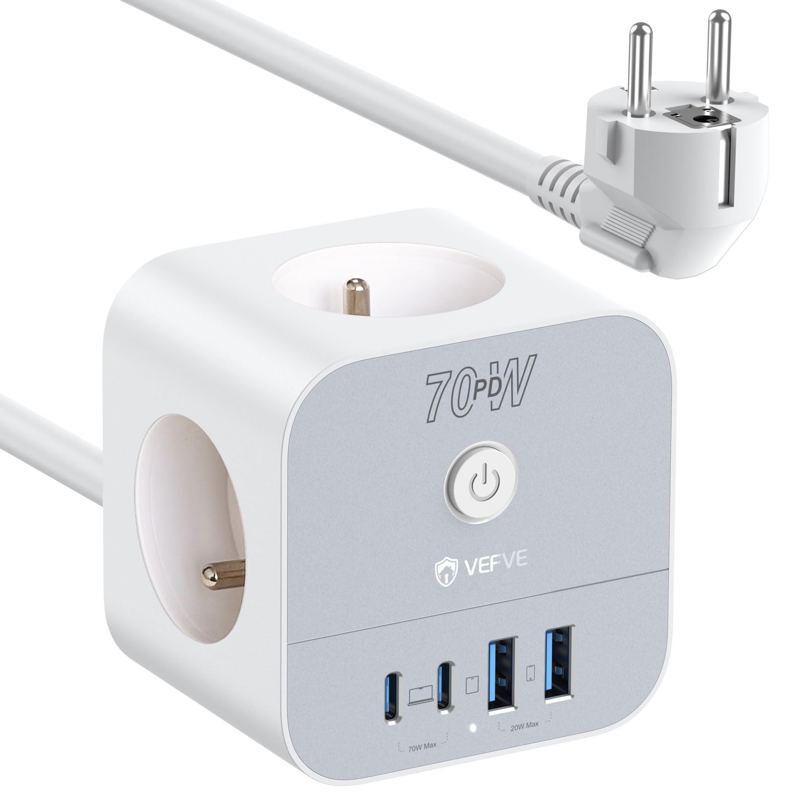 VEFVE Multiprise Cube 70W USB C GaN Blanc avec Rallonge 3m et Interrupteur
