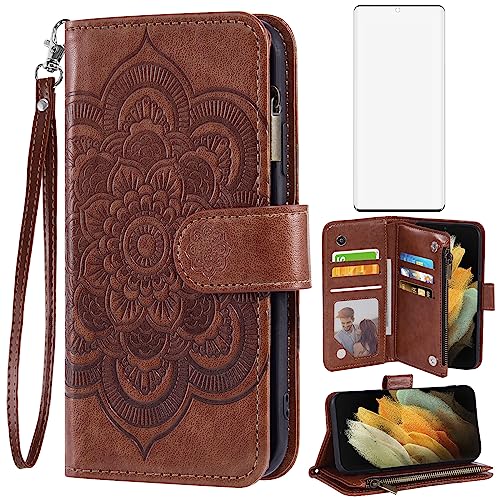 Étui portefeuille Samsung S21 Ultra 5G protection écran verre trempé housse cuir clapet porte-carte