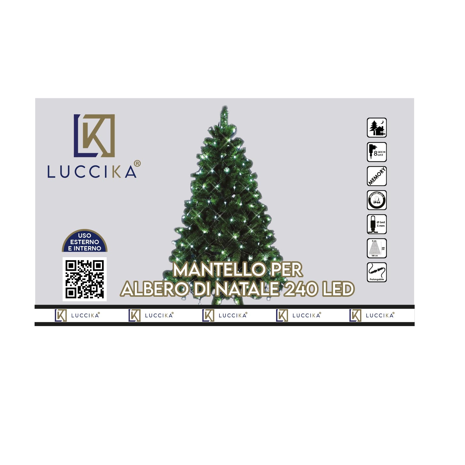 Luccika Home Guirlande Lumineuse 240 Lumières LED Violet et Blanc Glacé pour Sapin de Noël 180–230 cm de Hauteur, Câble Vert IP44 pour Usage Intérieur/Extérieur, 8 Jeux avec Mémoire, Extensible, 31V