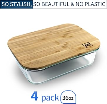 Glass Food Storage Containers with Bamboo Lids (4-Pack, 36oz) Airtight, Leakproof, BPA-Free Borosilicate Glass Meal Prep Containers Eco-Friendly, Oven/Microwave/Freezer Safe-Plastic-Free & Reusable