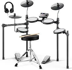 Donner Kit de bateria elétrica DED-70 para crianças, conjunto de bateria eletrônica com 150 sons, 4 almofadas de malha silenciosas, pratos de 23 cm, 2 pedais, USB MIDI, trono, fones de ouvido, bastões