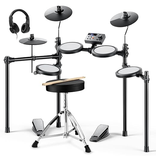 Donner Electric Drum Set, DED-70 Electronic Drum Kit for Beginner with 150 Sounds, 4 Quiet Mesh Pads, 9" Cymbals, USB MIDI, Type-C Charging, 2 Pedal, Throne, Headphones, Sticks, Melodics Lessons