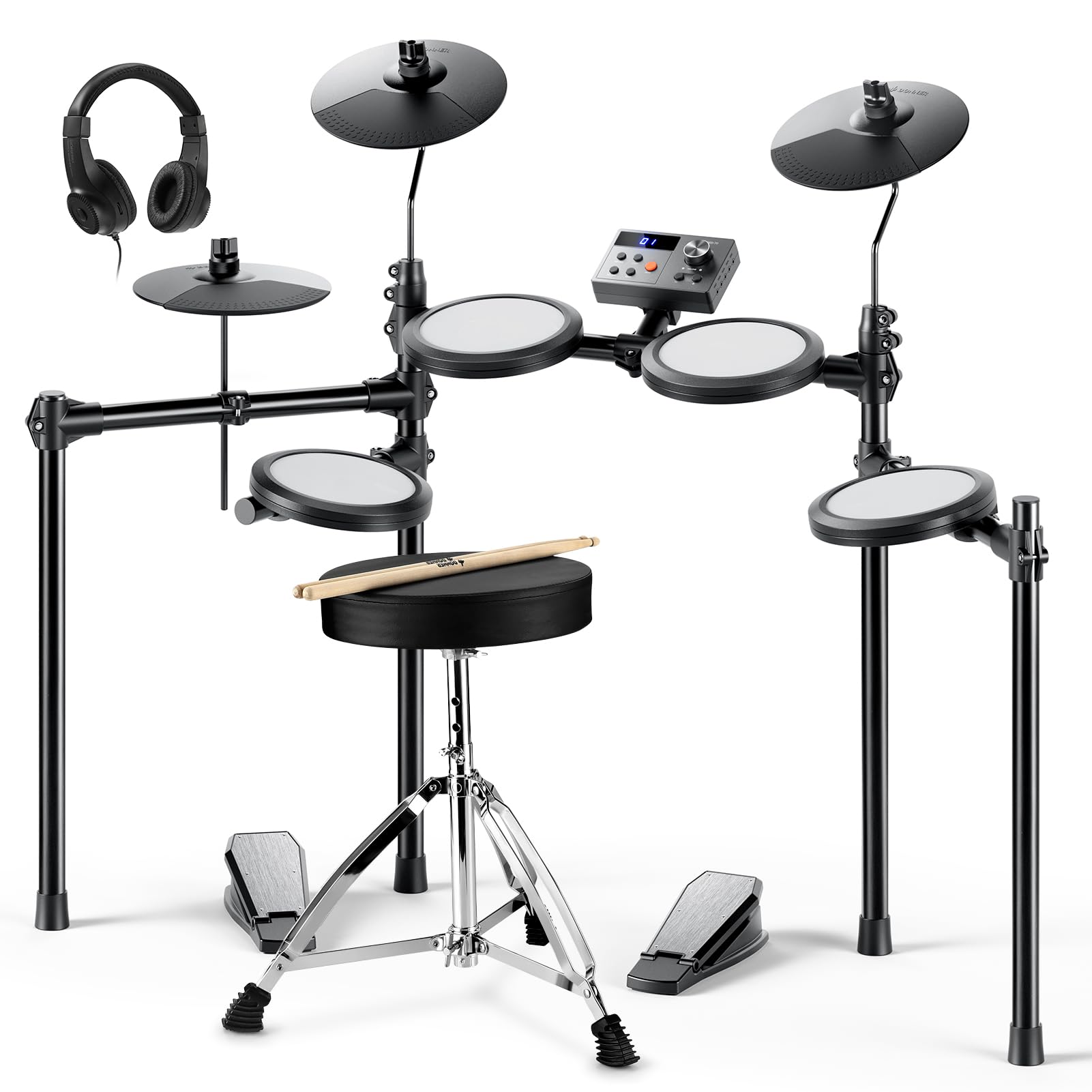 Donner Electric Drum Set, DED-70 Electronic Drum Kit for Beginner with 150 Sounds, 4 Quiet Mesh Pads, 9" Cymbals, USB MIDI, Type-C Charging, 2 Pedal, Throne, Headphones, Sticks, Melodics Lessons