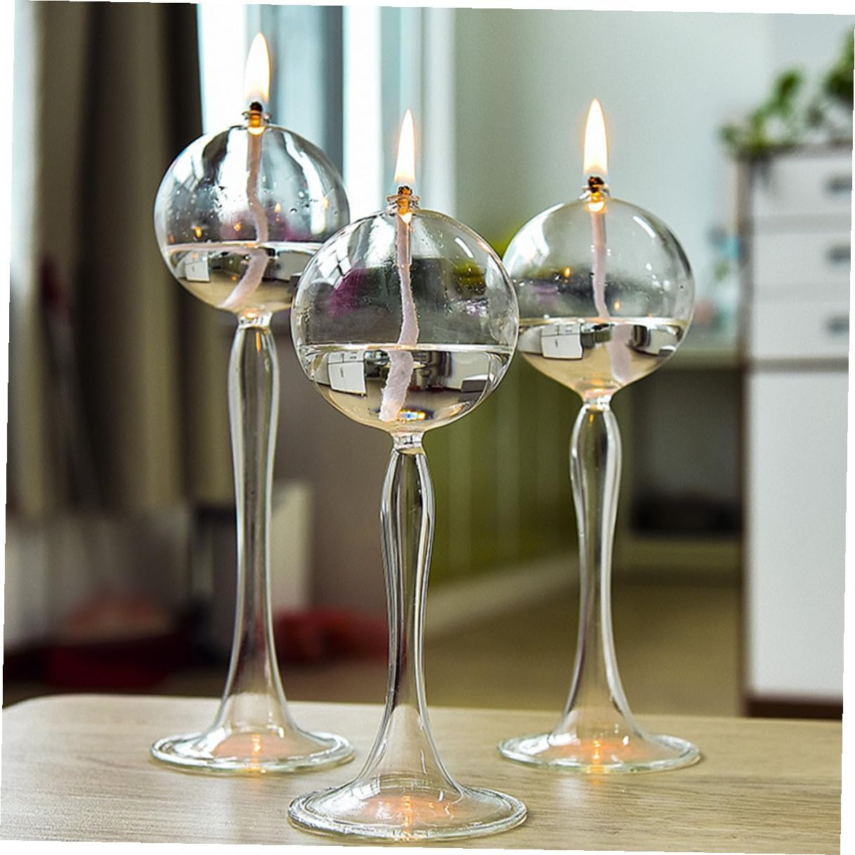 Glass Oil Lamp Holders Set, 3pcs Tall Glass Candle Holders, Vintage Style Keroseneless Oil Lamp Decor for Home, Wedding, and Dinner Table Centerpiece