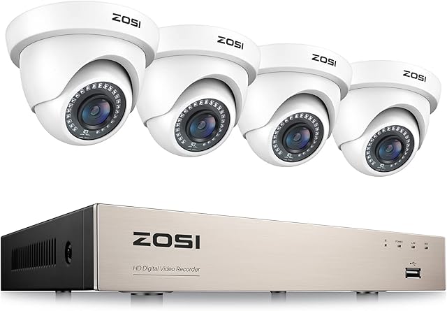 ZOSI 1080P CCTV Camera System 8 Channel H.265+ 5MP Lite Surveillance DVR kit and 4x1080P Outdoor CCTV Cameras Dome White HD Smart Security Camera System