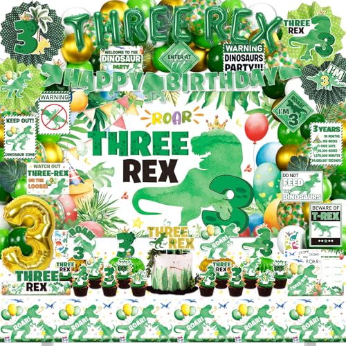 FrozzlyFun Dinosaur 3rd Birthday Decorations for Boys, 132Pcs Three Dino