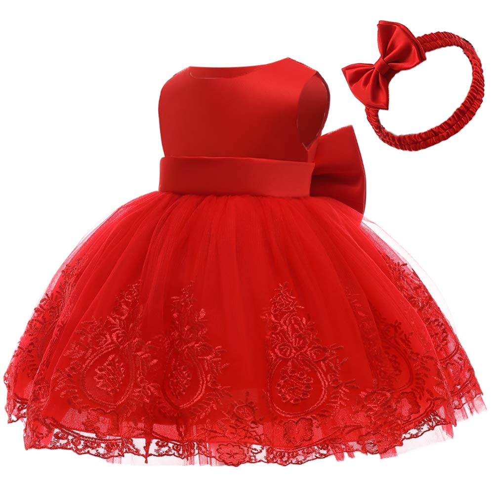 CMMCHAAH Vestido de encaje bordado de 0 a 6 años para niñas y bebés, con lazo, vestido con gorro. - rojo - 6-12 meses