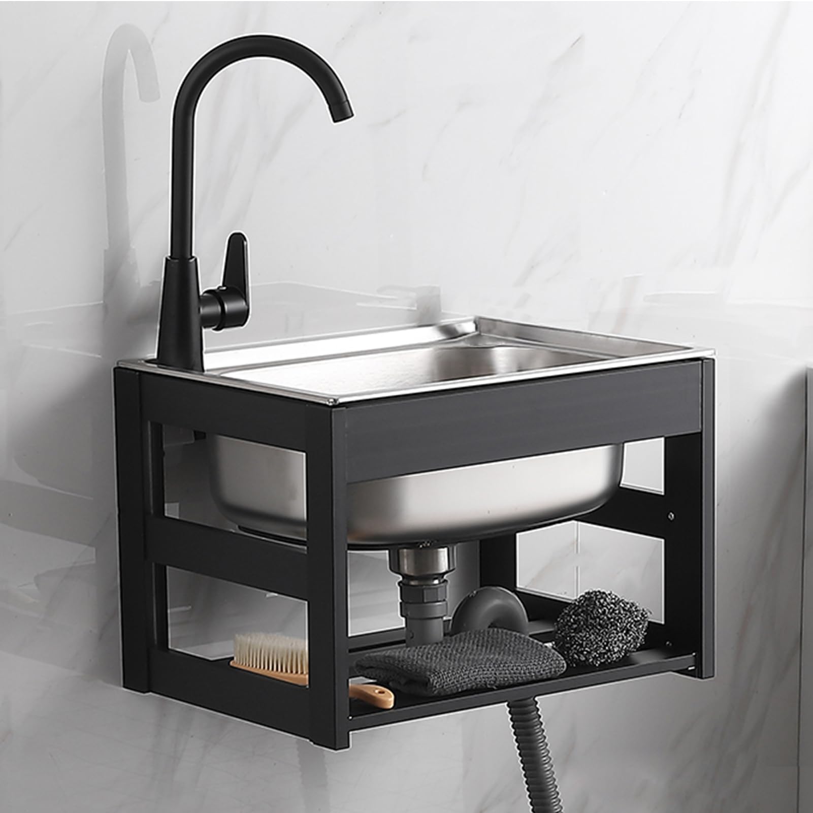 Lavello da Cucina,lavello Cucina a Parete in Acciaio Inox,lavabo Singolo,Set di Servizi con Rubinetto e Tubo per Lavanderia,Facile Pulire (48x35cm/18,9x13,78 Pollici)