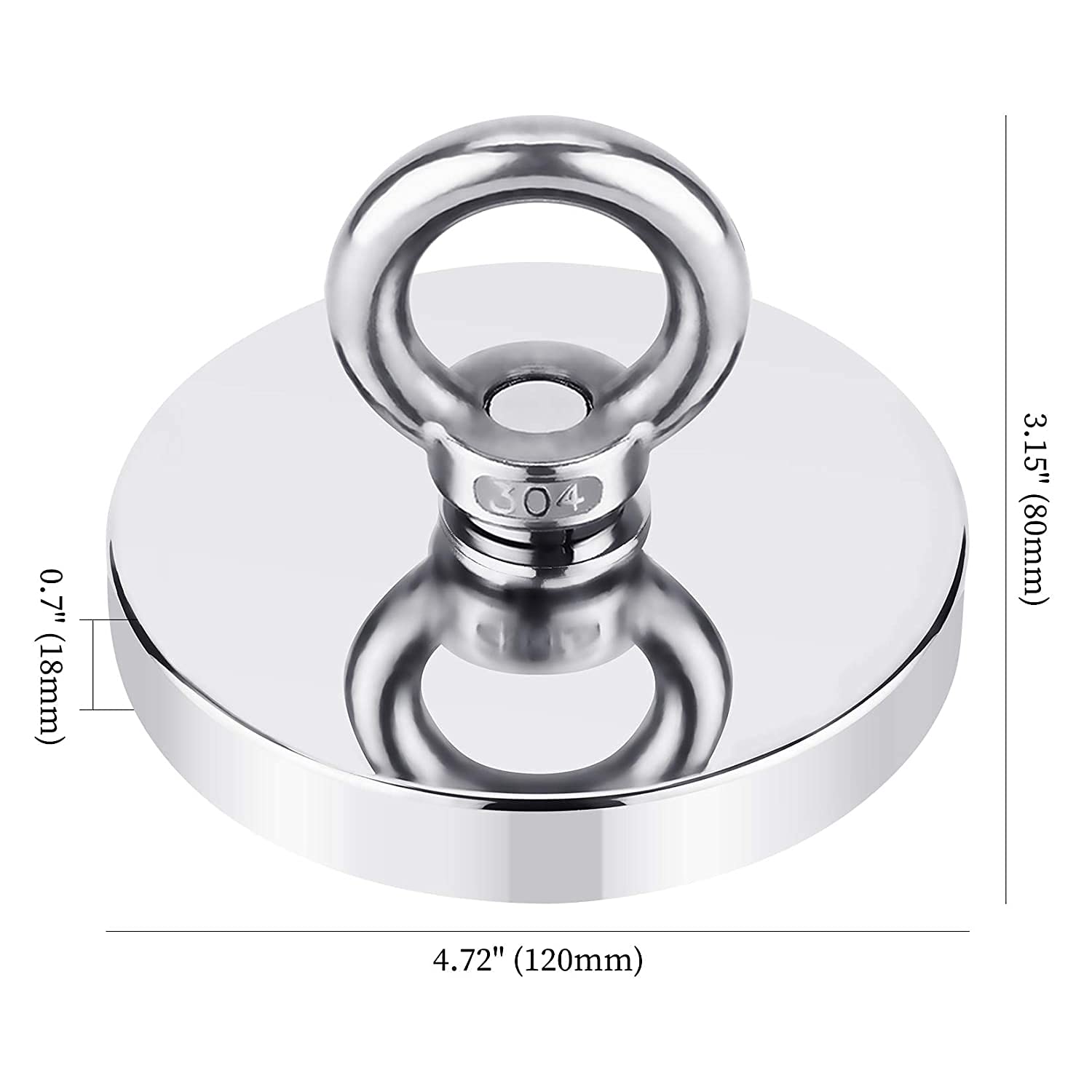 Kit de pêche magnétique avec mallette à outils, aimant de pêche rond extra fort en néodyme avec tension de 1500 lb (680 kg) pour la pêche magnétique et la récupération de rivière - 120 mm de diamètre